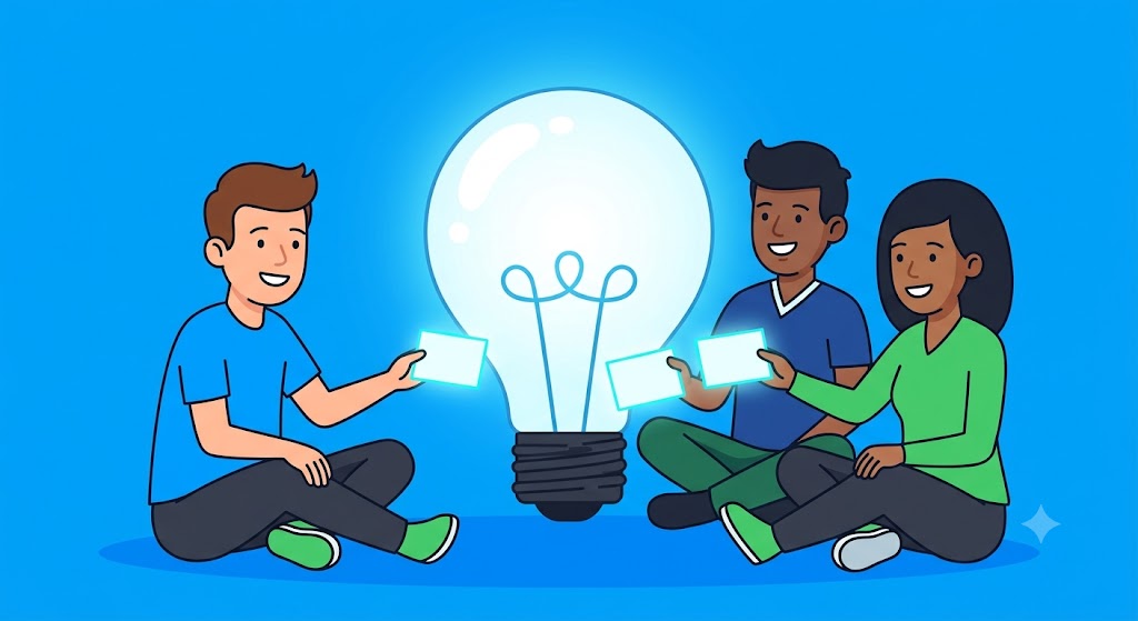 Comic for topic 6: Learn with the team. Helpful peers share ideas, not private data.
